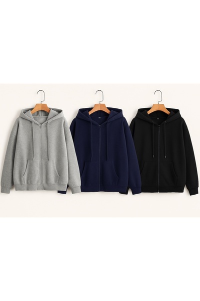 S&A DESIGN 3-Piece Unisex Zippered Hooded Cardigan Jacket Sweatshirt