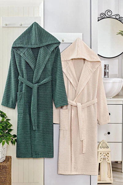 HRN Textile 2-Piece Cotton Natural Hooded Couple Bathrobe