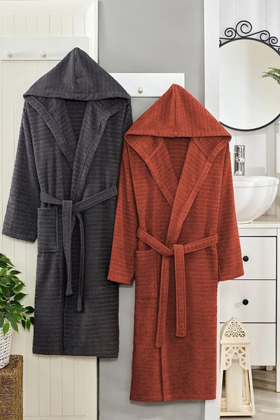 HRN Textile 2-Piece Cotton Natural Hooded Couple Bathrobe