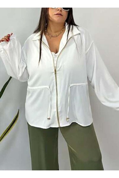 FOR ESRA BIG TREND Women's Plus Size Waist Drawstring Lace-Up Zipper Long Sleeve Rubber Slim Micro Woven Jacket