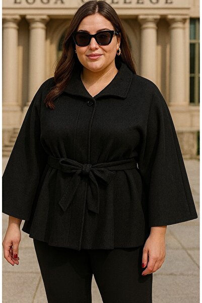 FOR ESRA BIG TREND Women's Plus Size Single Button Closure Waist Belted Cashmere Poncho (Length 73 cm)