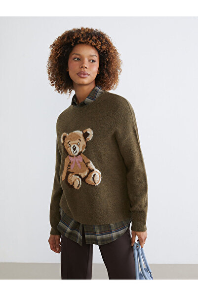 LC Waikiki Xside Bear Patterned Oversized Women's Knitwear Sweater