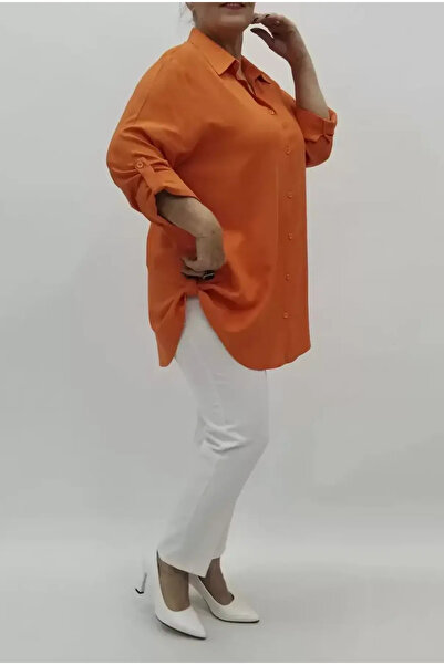 FOR ESRA BIG TREND Women's Large Size Solid Color Woven Viscose Shirt with Sleeves and Side Folds