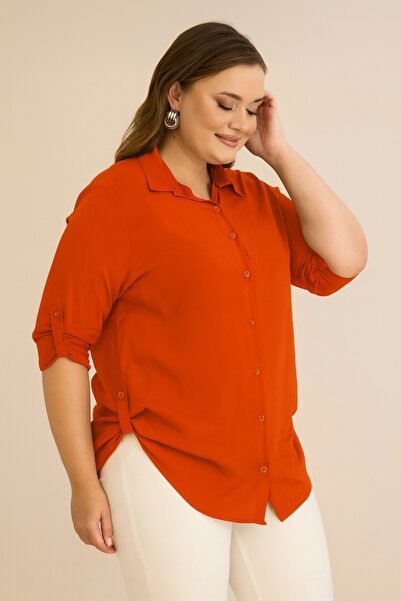 FOR ESRA BIG TREND Women's Large Size Solid Color Woven Viscose Shirt with Sleeves and Side Folds