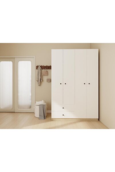 Masif Market 4 Kapaklı 2 Çekmeceli Gardırop Kotonvizon-Beyaz