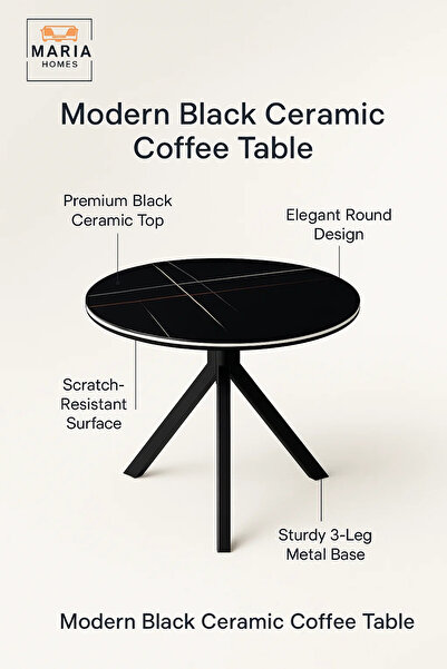 MARIA HOMES Round Black Marble Dining Table – Modern Café, Restaurant, Office & Home Metal Furniture 60×60×60 cm