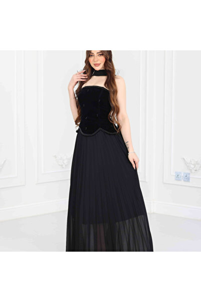 Nice Model Black velvet corset evening dress with a pleated chiffon skirt and Draped scarf