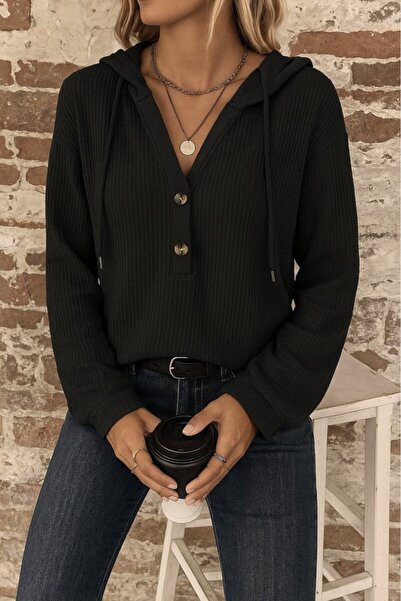 JANES Women's Long Sleeve Hooded Front Buttoned and Lace-Up Waffle Blouse