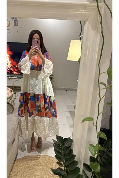 stellacloset Long orange wavy textured cotton dress 2025