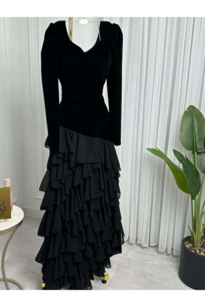 Nice Model Layered Chiffon Evening Dress Long Sleeve Velvet Bodice Tiered Formal Gown V-Neck Party Ruffled