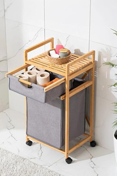 Bin shihoon Bamboo storage unit with wheels, wooden shelf and two drawers, modern design
