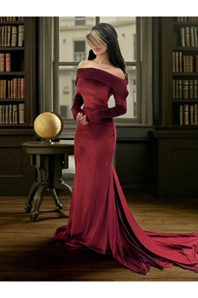 Nice Model Velvet Off-Shoulder Evening Dress Glitter Mesh Bodice Long Sleeve Formal Gown Train Burgundy Mauve