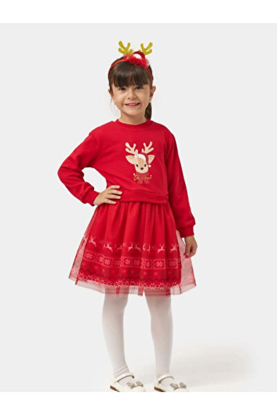 Butik Girl's Deer Printed Red Tulle New Year's Dress