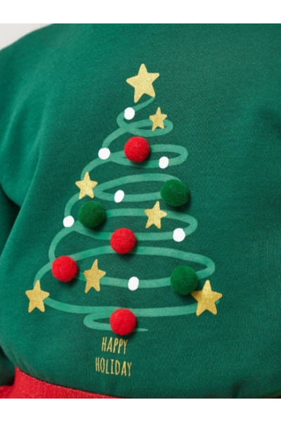 Butik Girl's Cotton Pompom Christmas Themed Long Sleeve Red Tulle Skirt Set