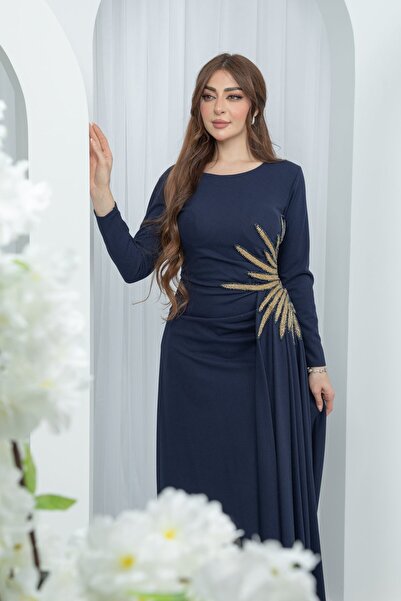 TREN Navy Blue Evening Dress with Gold Embroidery Long Sleeve Formal Gown Draped Maxi Dress Women