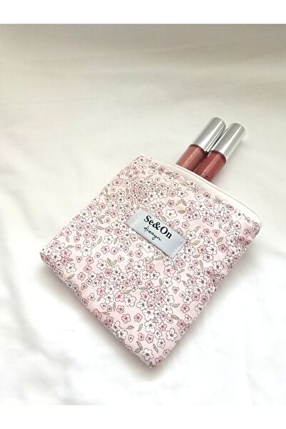 Se&On dizayn Pembe çiçek desenli beyaz fermuarlı astarli kucuk cüzdan mini makyaj çantası kese ölçüleri 14*14