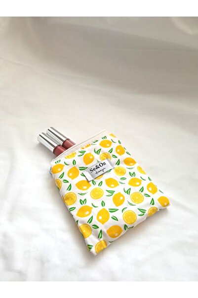 Se&On dizayn Limon desenli beyaz fermuarlı astarlı kucuk cüzdan mini makyaj çantası kese ölçüleri 14*14