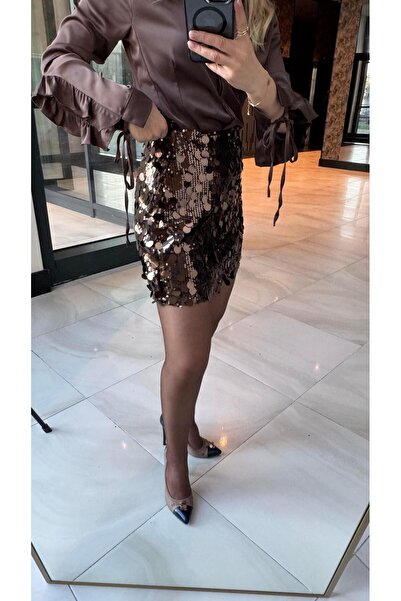 FEMİAS Brown Paillettes Mini Skirt
