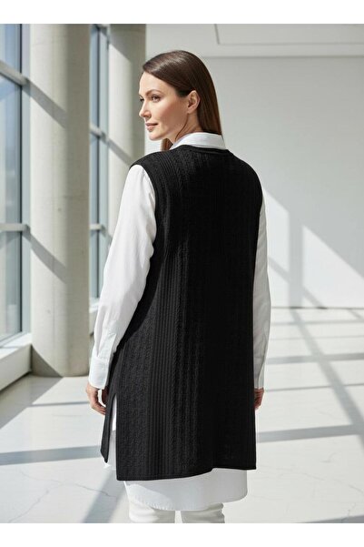 larocci Slit Detailed Long Vest Black +Shawl Gift