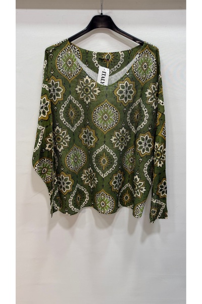 della moor Khaki Italian Ethnic Pattern Batwing Sleeve Mercerized Blouse