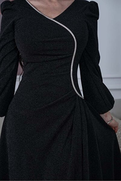 TREN Black Glitter Midi Dress with Puff Sleeves Contrast Piping Wrap Design Evening Party Occasion Wear
