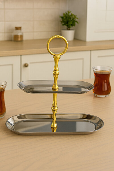 Efsun 2-Tier Boat Tray Stainless Steel Serving Tray, Kura Piped K, Pasta Holder, Promise, Engagement