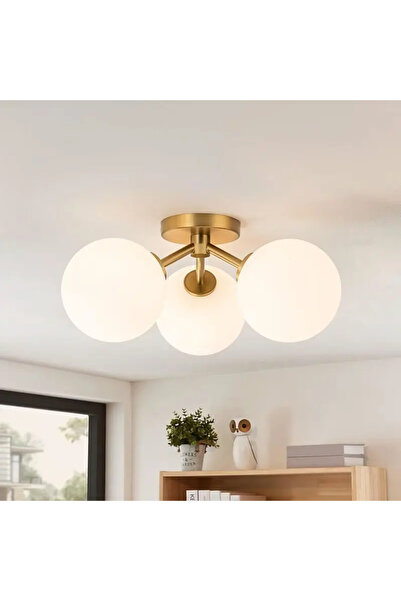 luminastar Modern chandelier with 3 arms and white glass globes, E27 socket, gold body, 40 cm diameter