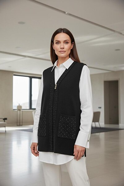 larocci Button Detailed Vest Black + Shawl Gift