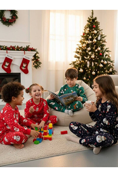 Butik Navy Blue Color 100% Cotton Unisex New Year Children's Pajama Set