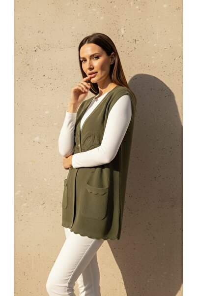 larocci Flower Detailed Knitted Vest Khaki + Shawl Gift