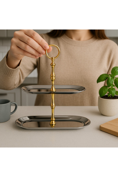 Efsun 2-Tier Boat Tray Stainless Steel Serving Tray, Kura Piped K, Pasta Holder, Promise, Engagement