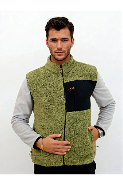 OXVİN Furry Plush Vest Woolen Lamb Welsoft Bone Zipper Pocket Detail (Full Size)