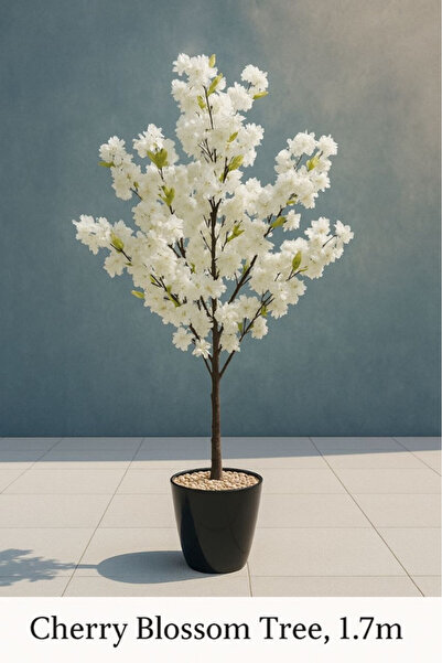 Oss elhetraf شجرة كرز صناعية فاخرة بطول 1.7 متر – ديكور مزهر أبيض بأصيص أنيق