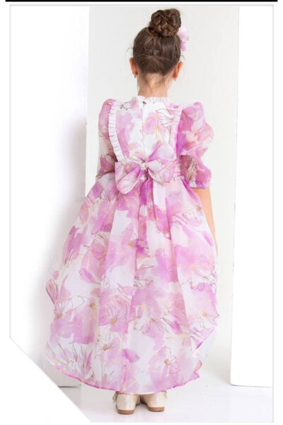 fantasialand Elegant Dress for Girls with Train, 3 Pieces, Model HTRF 111, Pink Color