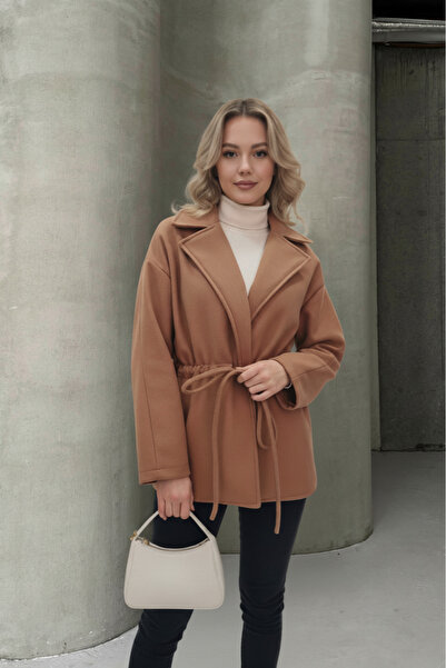 ALFUDO Moda Collection Camel Color Tie Detail Comfortable Fit Cashmere Cardigan/Jacket