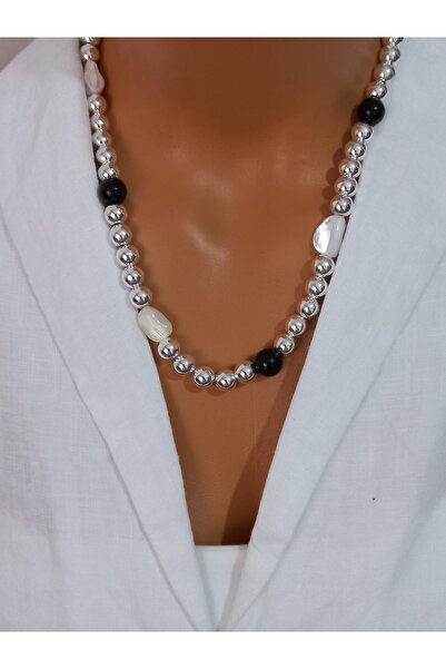 LemaStone Natural Stone Necklace; Designed with Silver Color Hematite and Bla...