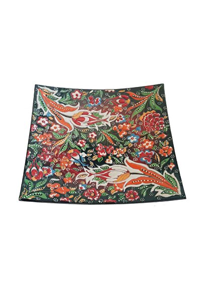 EHA Farfurie ceramica handmade stil turcesc, 22x22 cm, Multicolor cu flori,