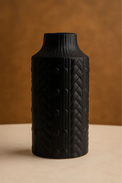 Marktna مزهرية سيراميك سوداء أنيقة بنقوش بارزة لديكور راقٍ