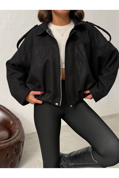 VELZANA Black Pocket Short Cashmere Bomber Coat Jacket