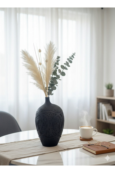 Marktna مزهرية سوداء بنقوش محفورة بتصميم عصري – مزهرية فاخرة لتزيين الطاولات والديكور الداخلي