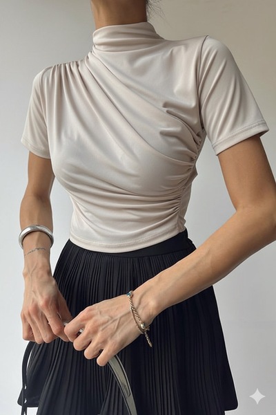 Trend Marfa Stand Collar Gather Detailed Short Sleeve Sandy Blouse