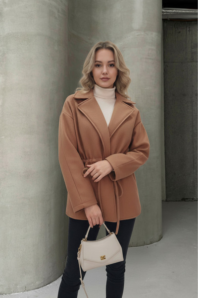 ALFUDO Moda Collection Camel Color Tie Detail Comfortable Fit Cashmere Cardigan/Jacket