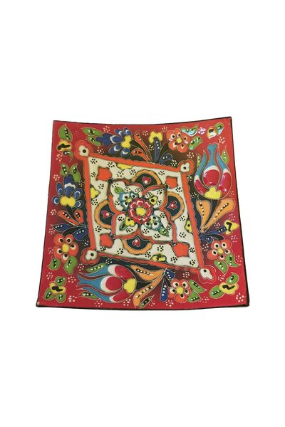 EHA Handmade ceramic plate, Turkish style, 13x13 cm, Red with flowers,