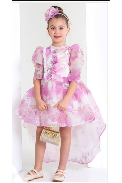 fantasialand Elegant Dress for Girls with Train, 3 Pieces, Model HTRF 111, Pink Color