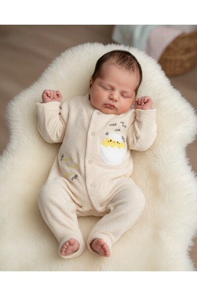 Ege Bebek Baby Winter Chick Patterned 100% Cotton 0-1-3-6 Months Velvet Snap Jumpsuit