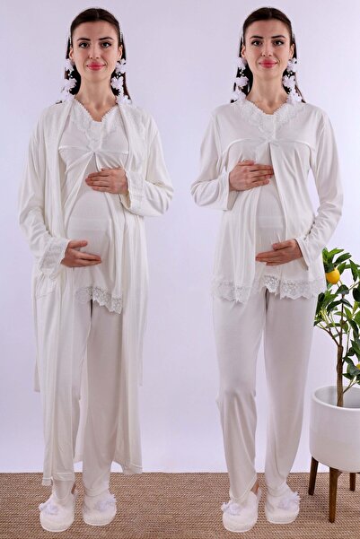 ByLohusa Effortt Ecru Maternity Pajama Set with Dressing Gown