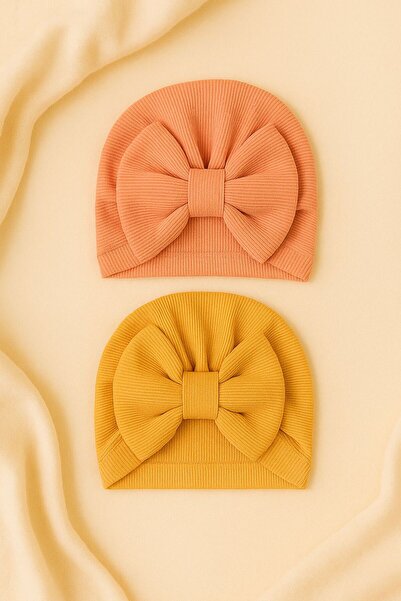 Pico Baby Bowknot Baby Bonnet Set of 2 - Salmon / Mustard