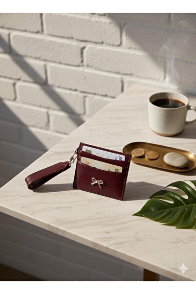 mlio Burgundy Key Detailed Bow Card Holder Wallet
