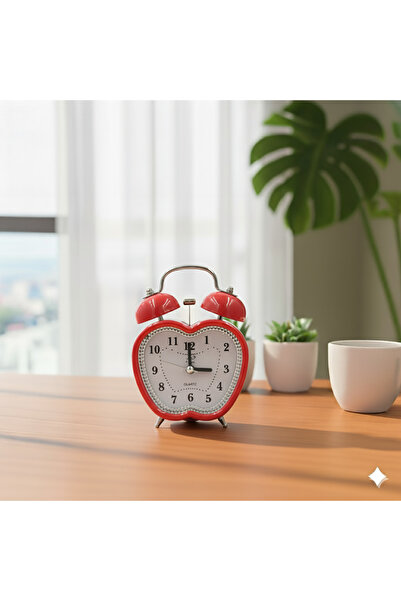 Livava Taşlı Elma Mini Metal Masa Saati, Alarmlı ve Işıklı, Kırmızı, 13x10