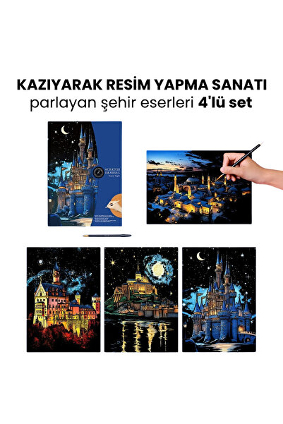 minyaturia Kazıma Çizim Seti – Parlayan Şehir Eserleri 4 Adet | Hediyelik Hob...